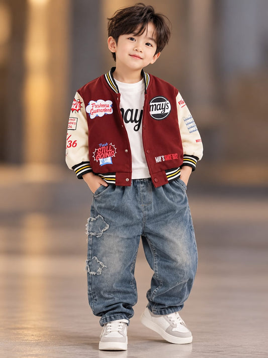 Boys Maroon Varsity Jacket Cord Set with Graphic T-Shirt & Baggy Jeans | Sizes 18–26
