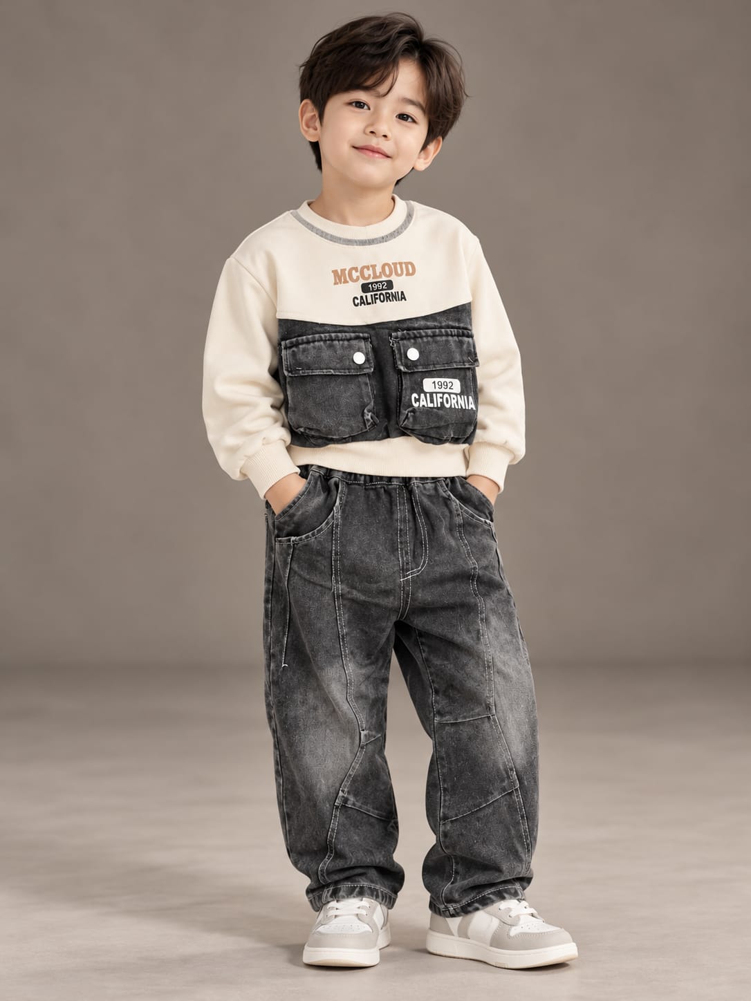 Boys Cream Denim Panel Sweatshirt & Black Baggy Jeans Set | Sizes 18–26