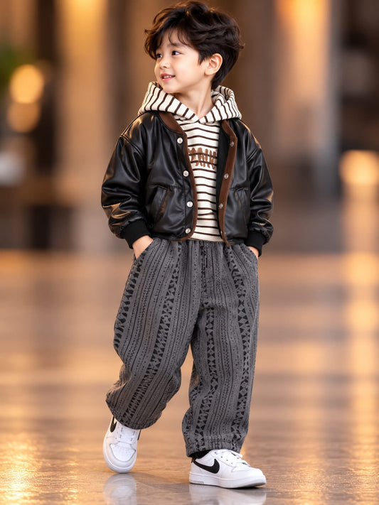 Boys Black Leather-Look Jacket Cord Set with Striped Hoodie & Printed Pants | Sizes 18–26