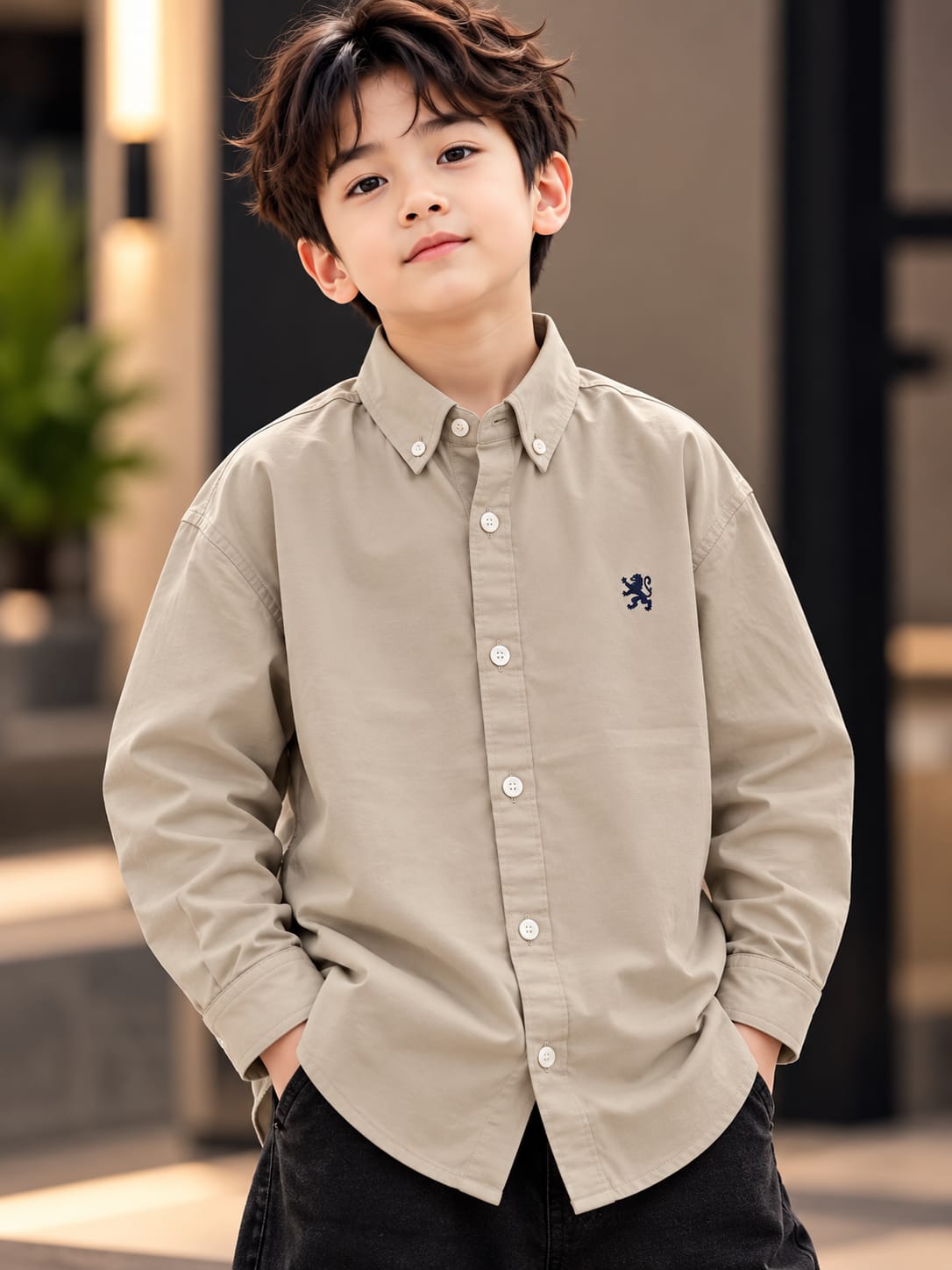 Boys Beige Casual Button-Down Shirt with Embroidered Detail | 6–10 Years