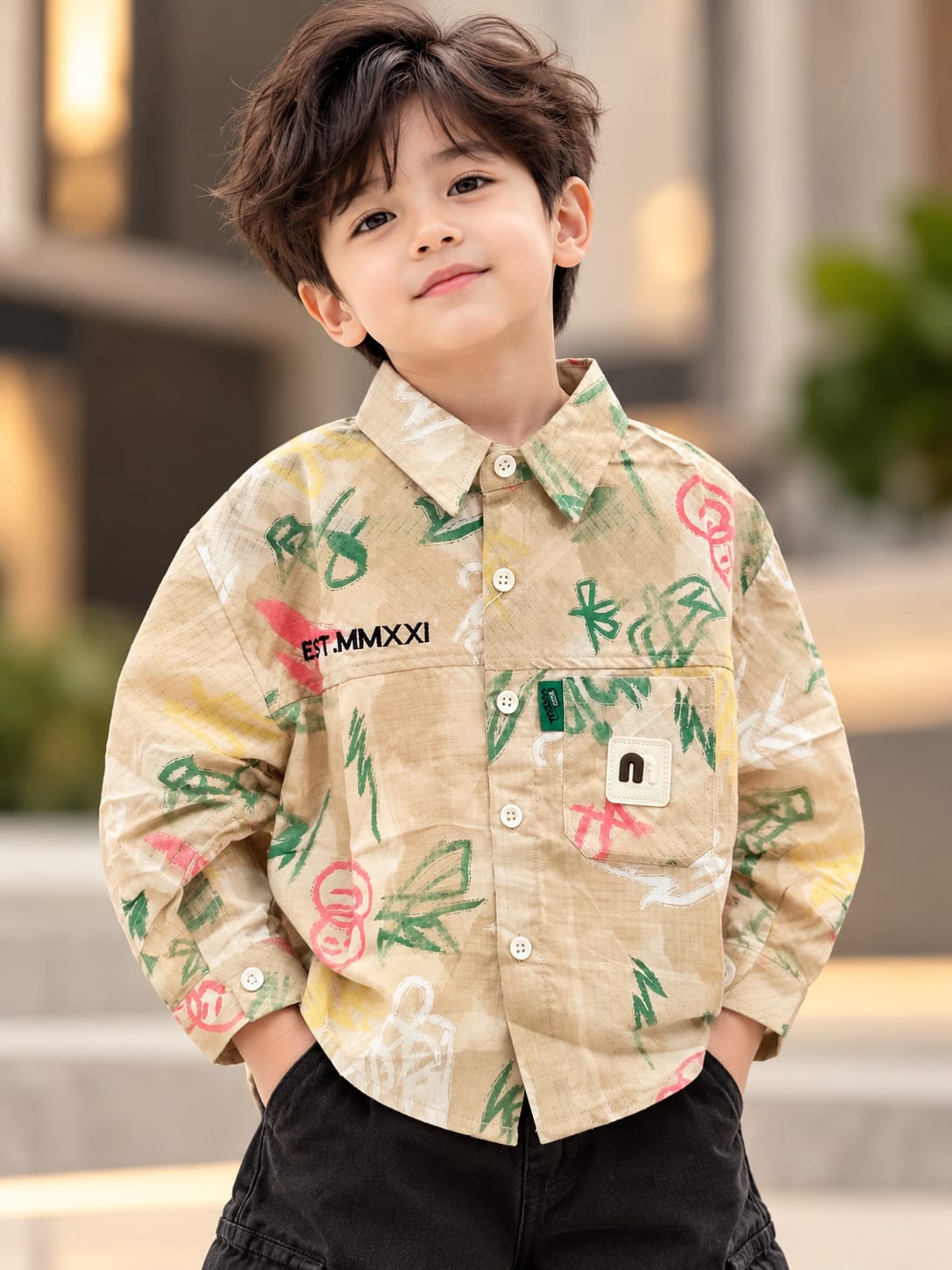 Baby Boys Beige Printed Full Sleeve Shirt with Front Pocket | 6 Months–5 Years