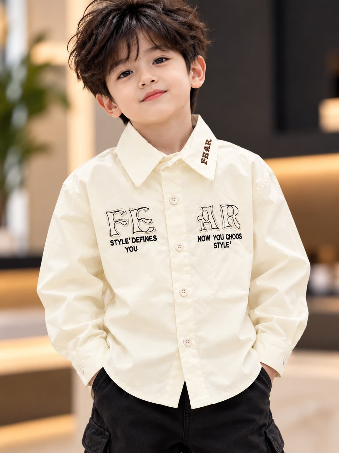 Baby Boys Cream Full Sleeve Printed Shirt with Collar Detail | 6 Months–5 Years