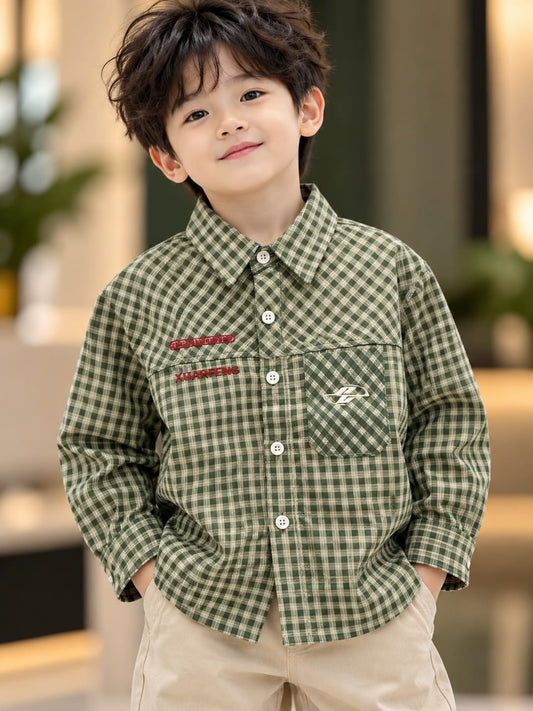 Baby Boys Green Checkered Full Sleeve Shirt with Chest Pocket | 6 Months–5 Years