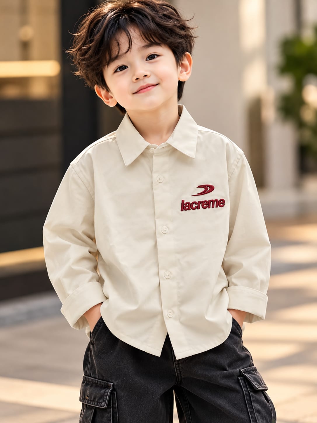 Baby Boys Cream Full Sleeve Shirt with Embroidered Logo | Sizes 6 Months–5 Years