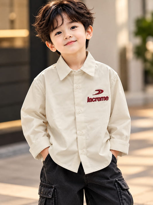 Baby Boys Cream Full Sleeve Shirt with Embroidered Logo | Sizes 6 Months–5 Years