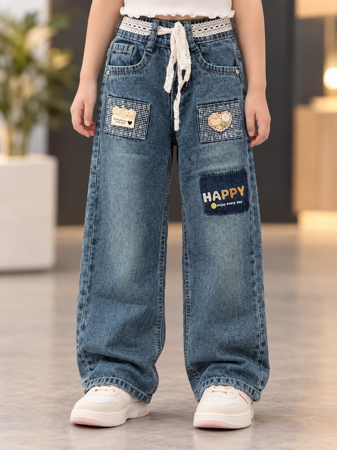Girls Blue Super Baggy Jeans with Decorative Patches & Lace Waist Detail | Sizes 26–30