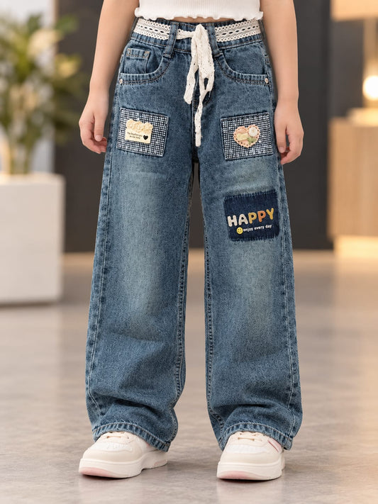 Girls Blue Super Baggy Jeans with Decorative Patches & Lace Waist Detail | Sizes 26–30