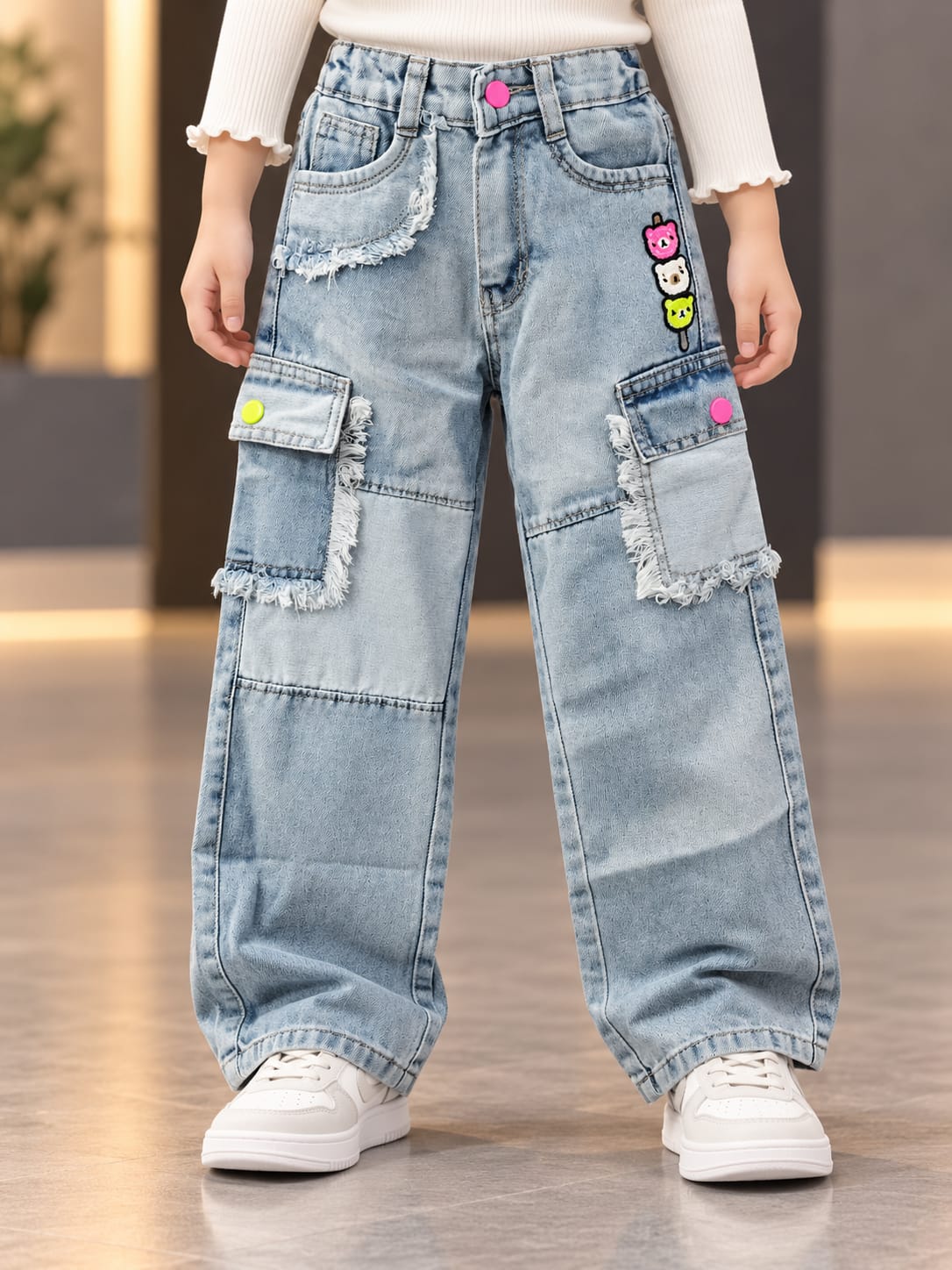 Girls Light Blue Super Baggy Cargo Jeans with Frayed Pockets | Sizes 16–24