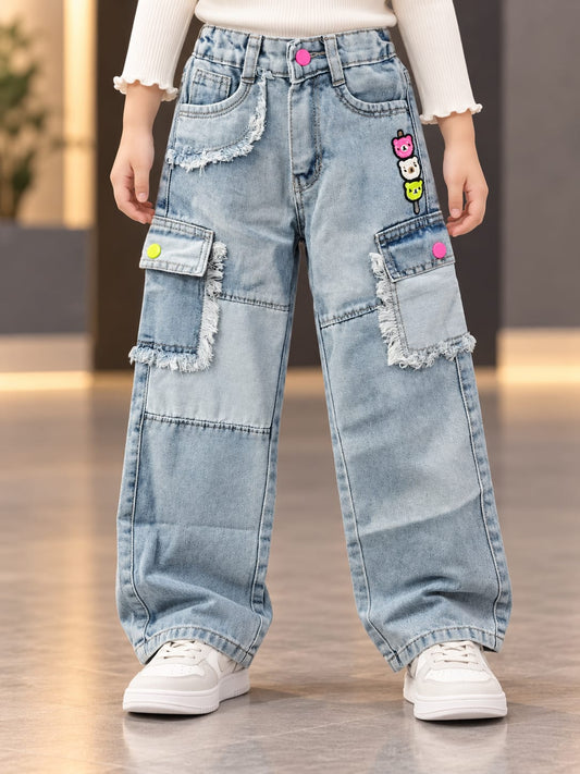 Girls Light Blue Super Baggy Cargo Jeans with Frayed Pockets | Sizes 16–24