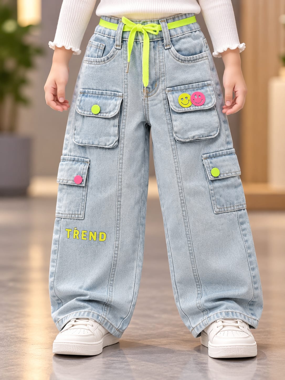 Girls Light Blue Super Baggy Cargo Jeans with Neon Drawstring | Sizes 16–24