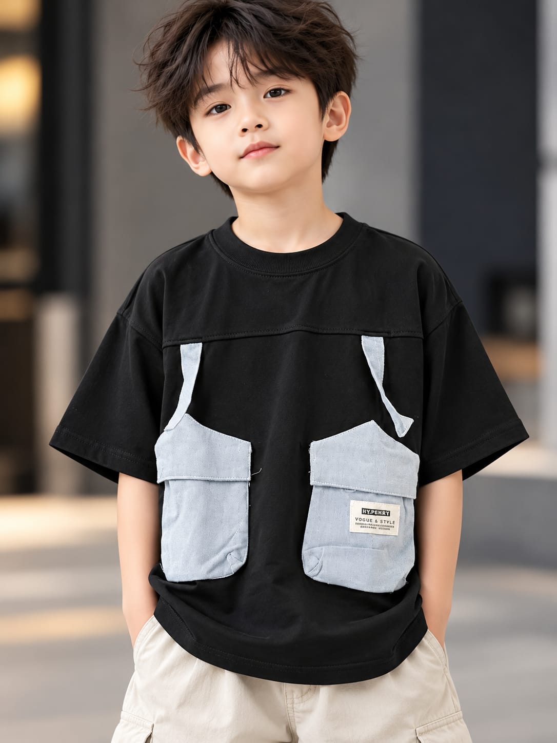 Boys Black Oversized T-Shirt with Grey Utility Cargo Pockets | 5–10 Years