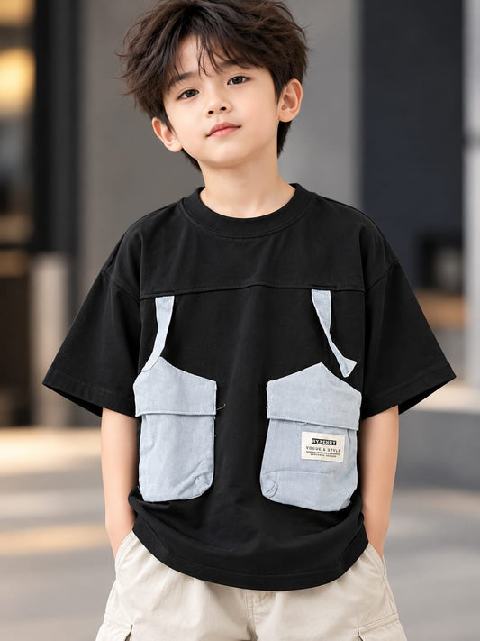 Boys Black Oversized T-Shirt with Grey Utility Cargo Pockets | 5–10 Years