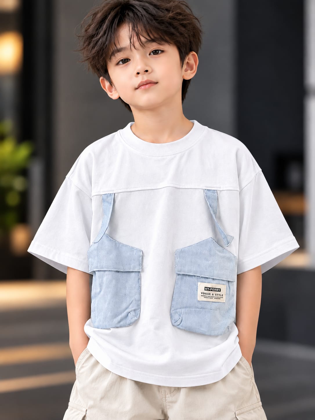 Boys White Oversized T-Shirt with Light Blue Denim Utility Pockets | 5–10 Years