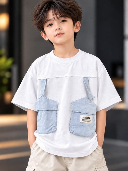 Boys White Oversized T-Shirt with Light Blue Denim Utility Pockets | 5–10 Years