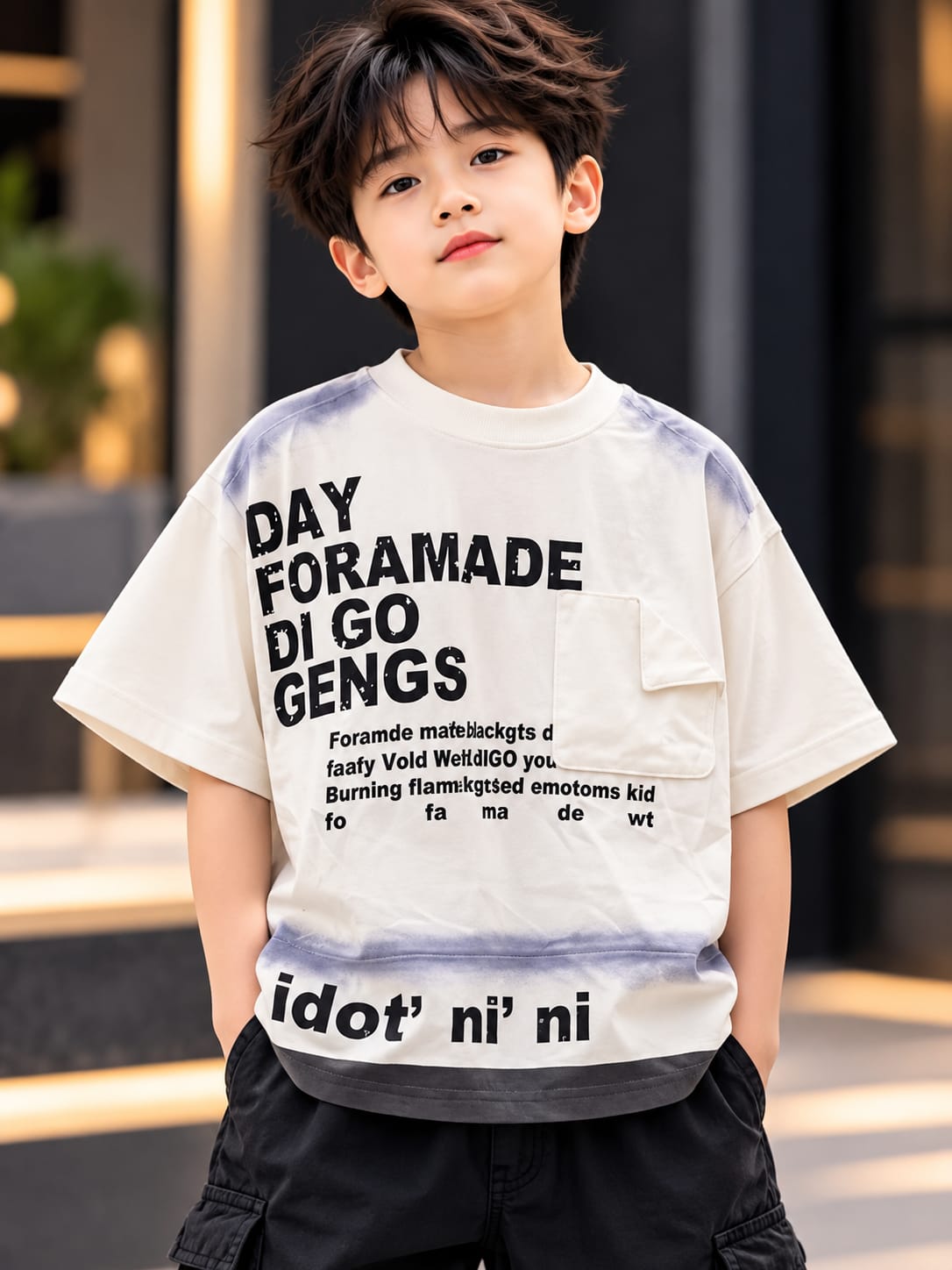 Boys White Oversized Graphic T-Shirt with Chest Pocket & Tie-Dye Effect | 5–10 Years