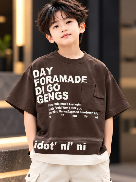 Boys Dark Brown Oversized Graphic T-Shirt with Chest Pocket | 5–10 Years