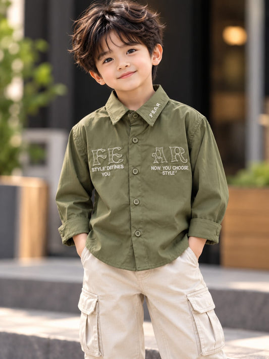 Boys Olive Green Printed Full Sleeve Shirt | Kids Casual Button-Down Shirt | 1-6 Years