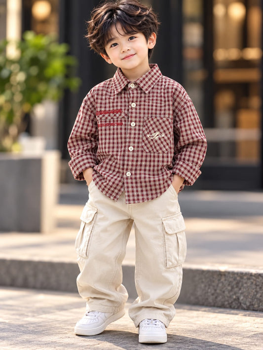 Boys Maroon Checkered Full Sleeve Shirt | Kids Casual Plaid Button-Down Shirt | 1–6 Years