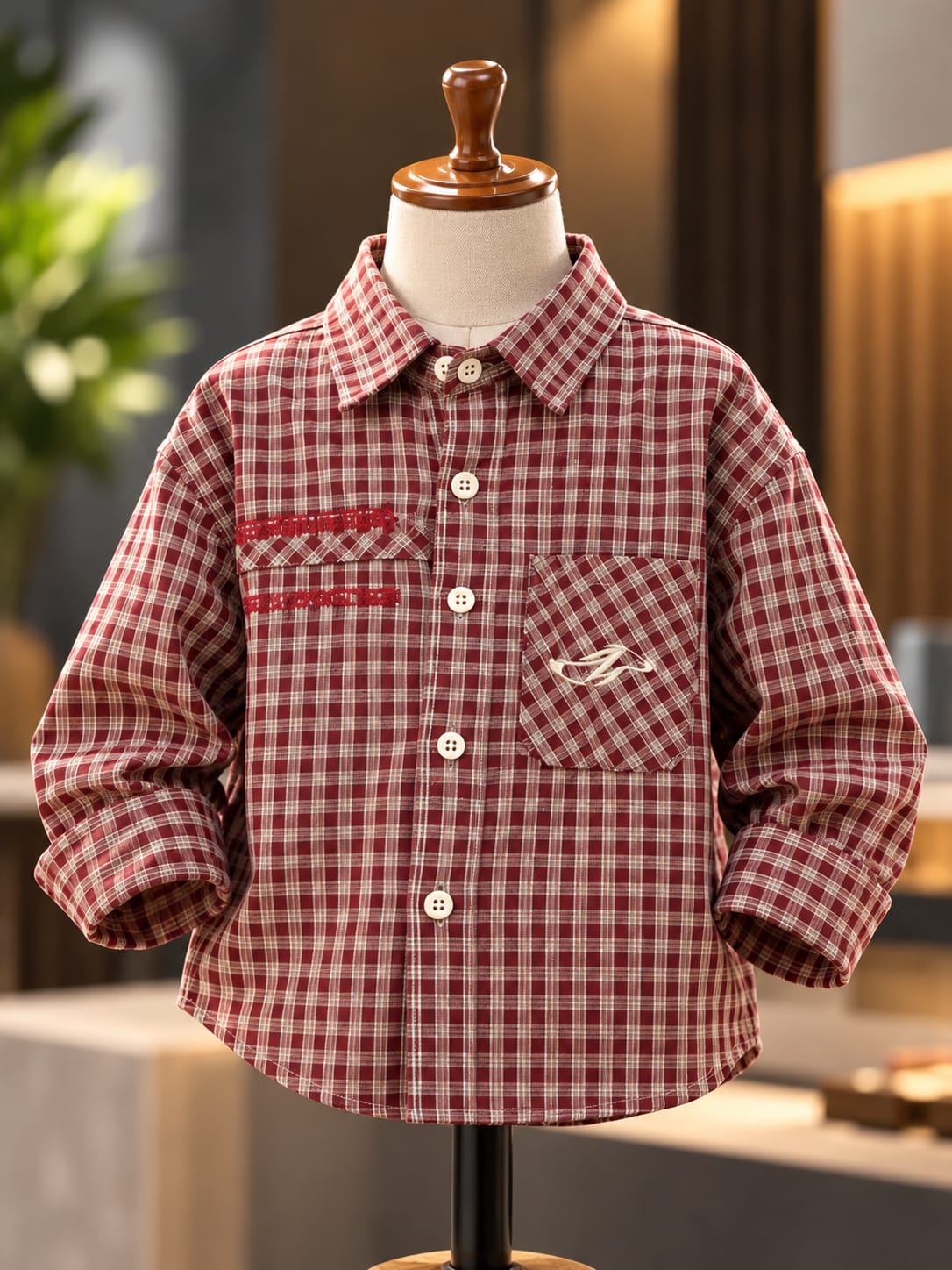 Boys Maroon Checkered Full Sleeve Shirt | Kids Casual Plaid Button-Down Shirt | 1–6 Years