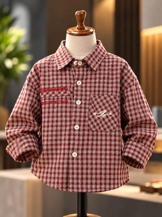 Boys Maroon Checkered Full Sleeve Shirt | Kids Casual Plaid Button-Down Shirt | 1–6 Years