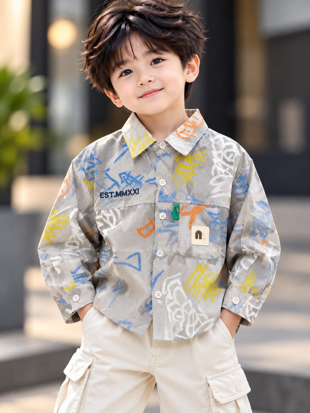 Boys Grey Graffiti Printed Full Sleeve Shirt | Korean Streetwear Casual Shirt | 1–6 Years