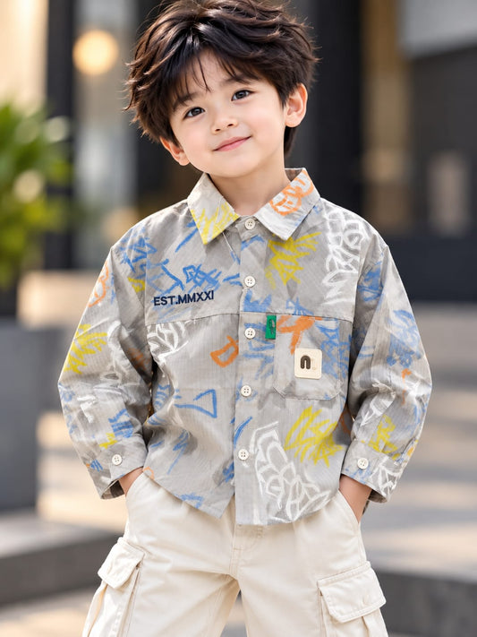 Boys Grey Graffiti Printed Full Sleeve Shirt | Korean Streetwear Casual Shirt | 1–6 Years