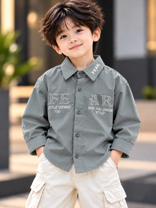 Boys Slate Grey Printed Full Sleeve Shirt | Kids Casual Button-Down Shirt | 1–6 Years
