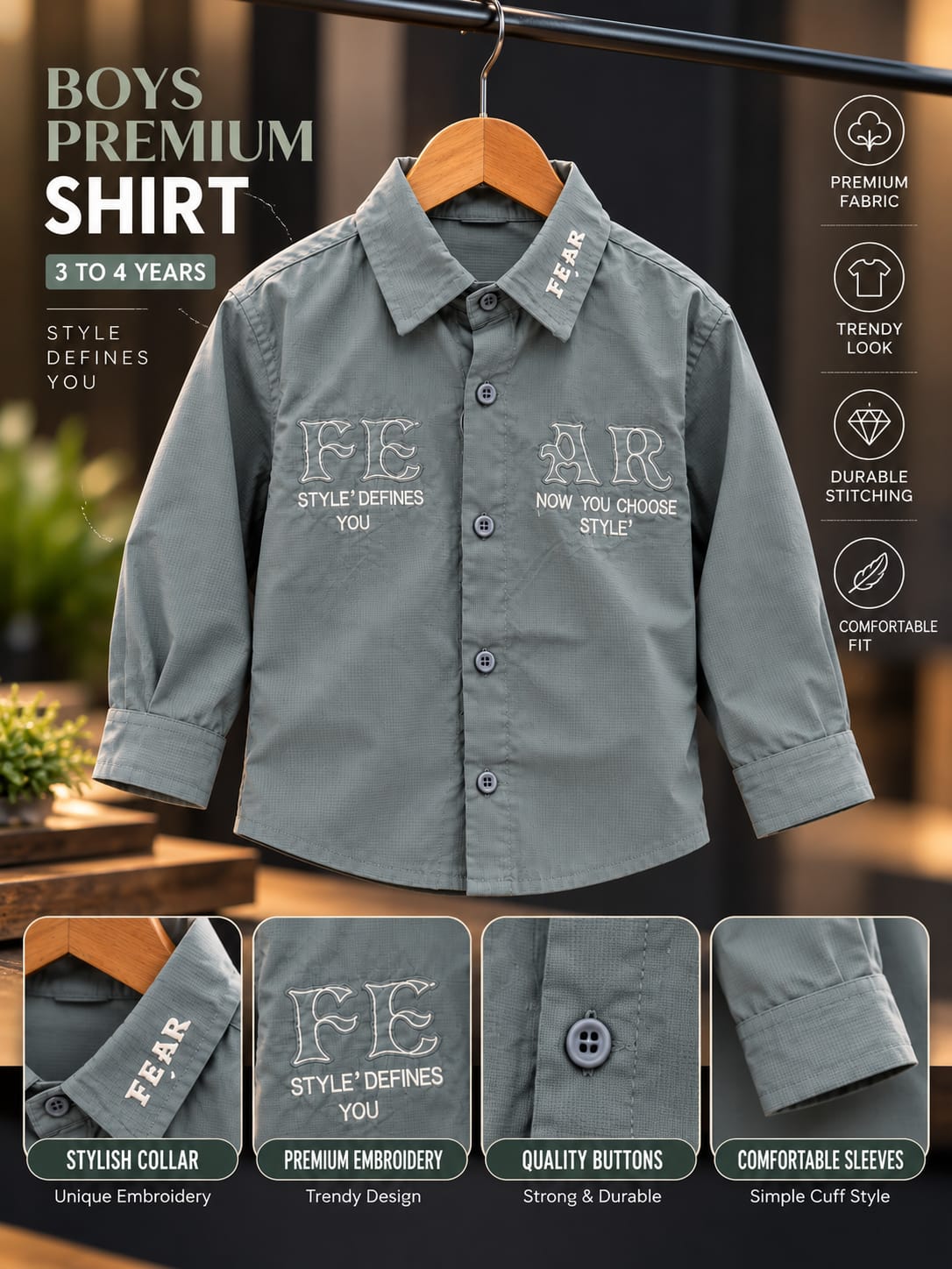 Boys Slate Grey Printed Full Sleeve Shirt | Kids Casual Button-Down Shirt | 1–6 Years