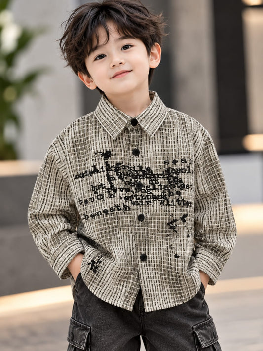 Boys Black & White Checkered Printed Shirt | Korean Streetwear Full Sleeve Shirt | 1–6 Years