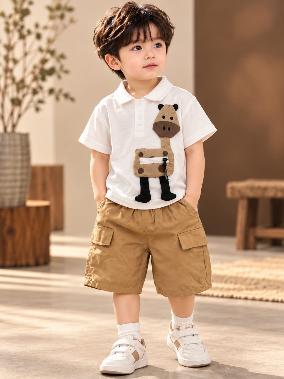 Boys Giraffe Applique Polo T-Shirt & Cargo Shorts Set | White & Beige Co-Ord Set | 3–6 Years