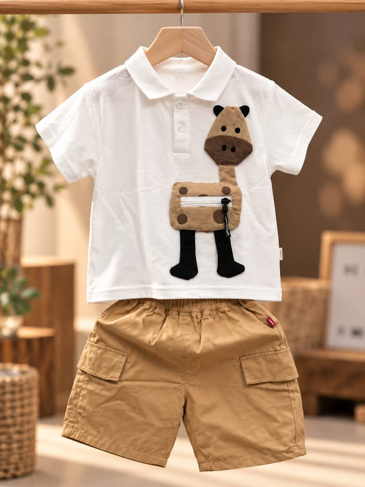 Boys Giraffe Applique Polo T-Shirt & Cargo Shorts Set | White & Beige Co-Ord Set | 3–6 Years