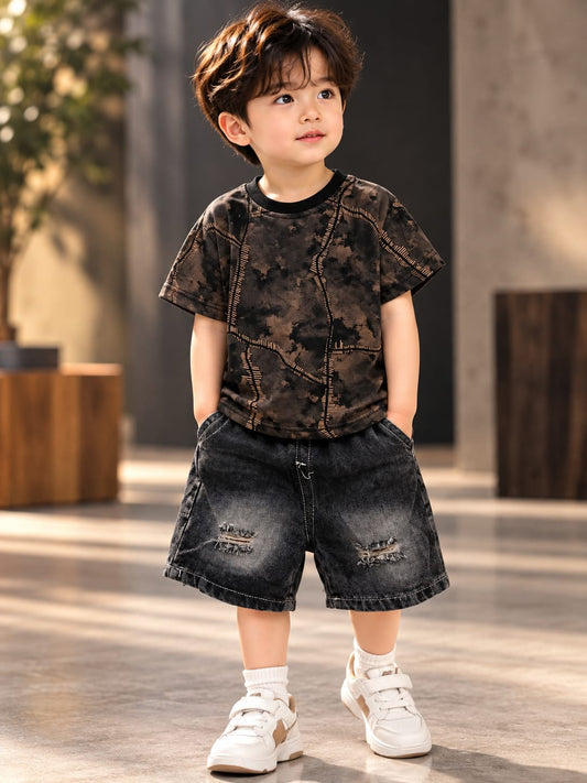 Boys Brown Printed T-Shirt & Black Denim Shorts Set | Korean Streetwear Co-Ord Outfit | 1–6 Years