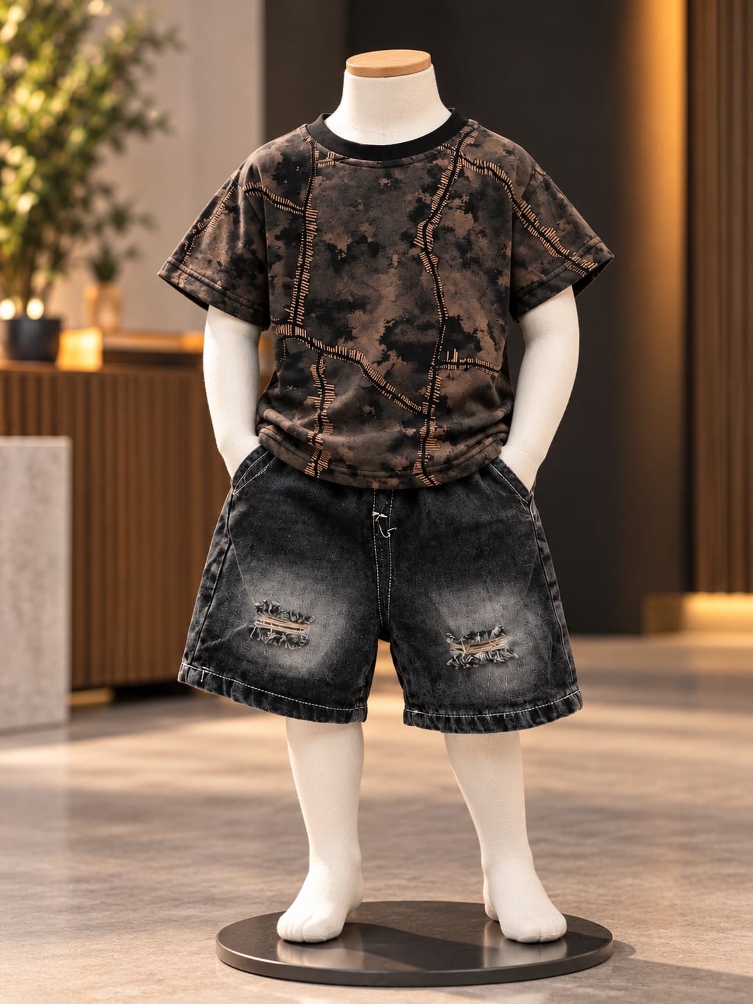 Boys Brown Printed T-Shirt & Black Denim Shorts Set | Korean Streetwear Co-Ord Outfit | 1–6 Years