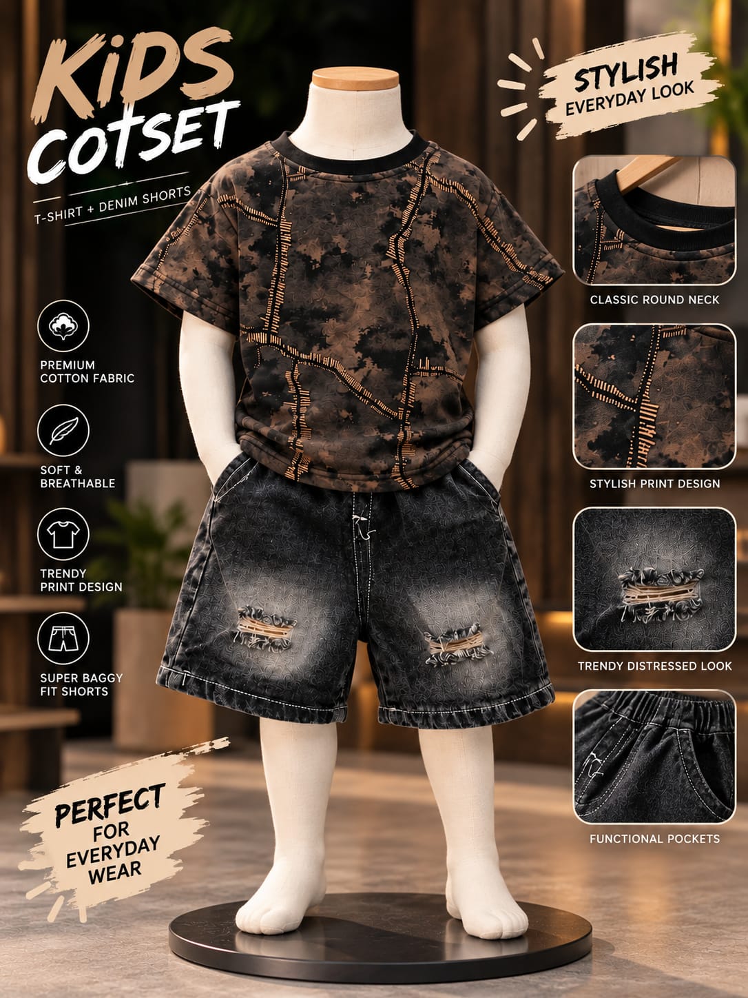 Boys Brown Printed T-Shirt & Black Denim Shorts Set | Korean Streetwear Co-Ord Outfit | 1–6 Years