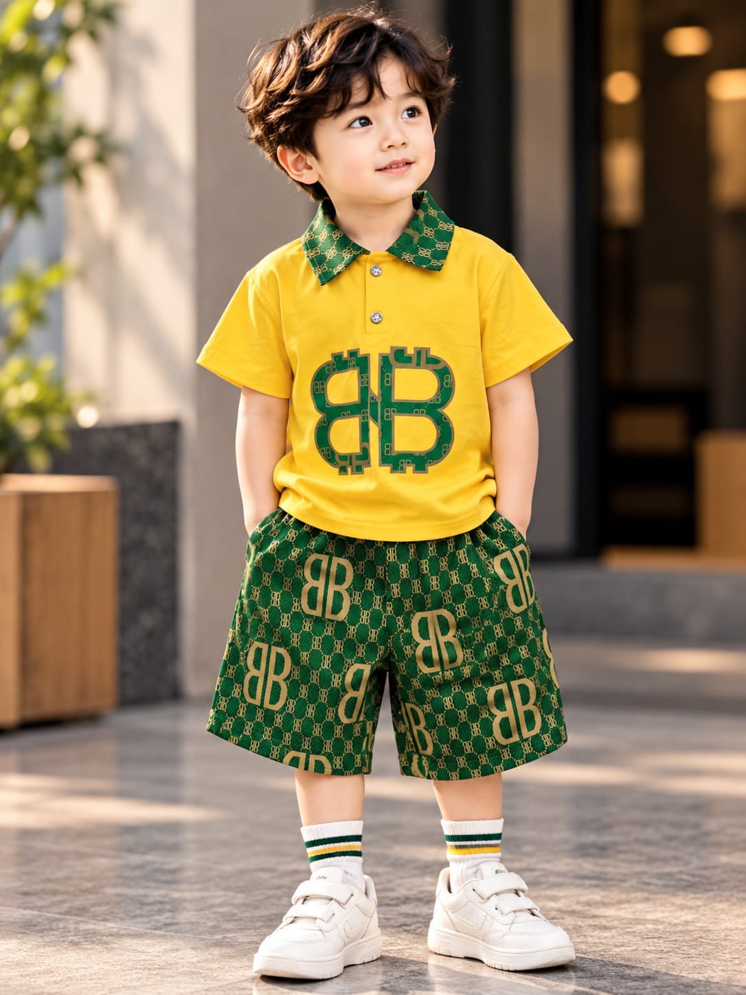 Boys Yellow & Green Monogram Co-Ord Set | Printed Polo T-Shirt & Shorts | Trendy Kids Summer Outfit | 1–6 Years