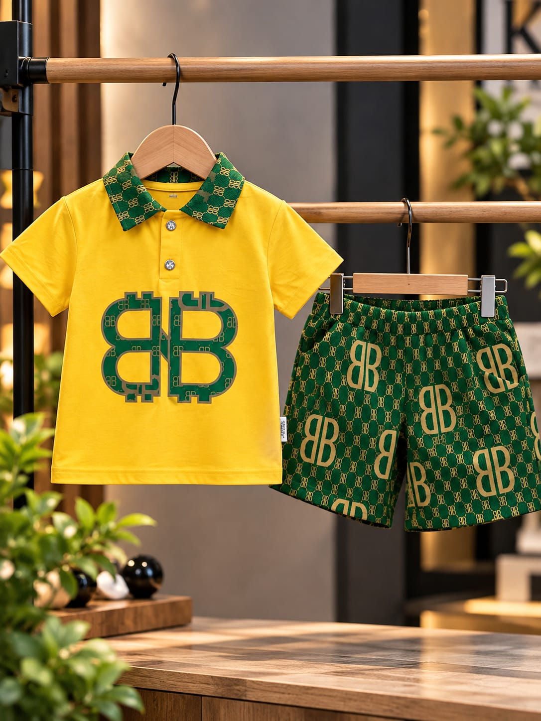 Boys Yellow & Green Monogram Co-Ord Set | Printed Polo T-Shirt & Shorts | Trendy Kids Summer Outfit | 1–6 Years