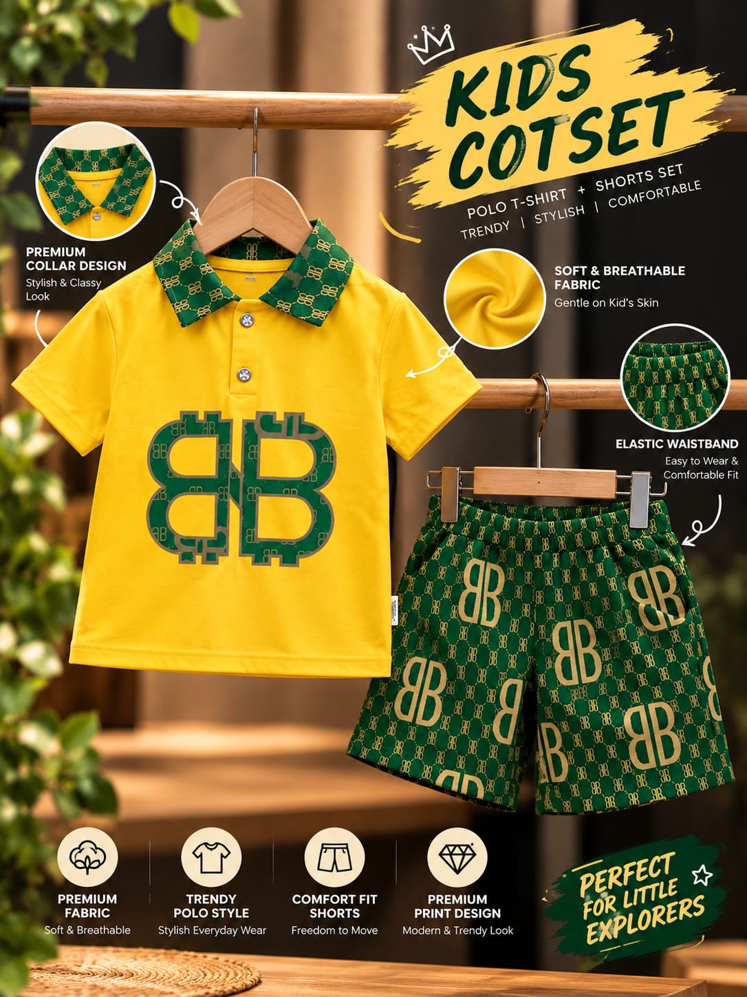 Boys Yellow & Green Monogram Co-Ord Set | Printed Polo T-Shirt & Shorts | Trendy Kids Summer Outfit | 1–6 Years