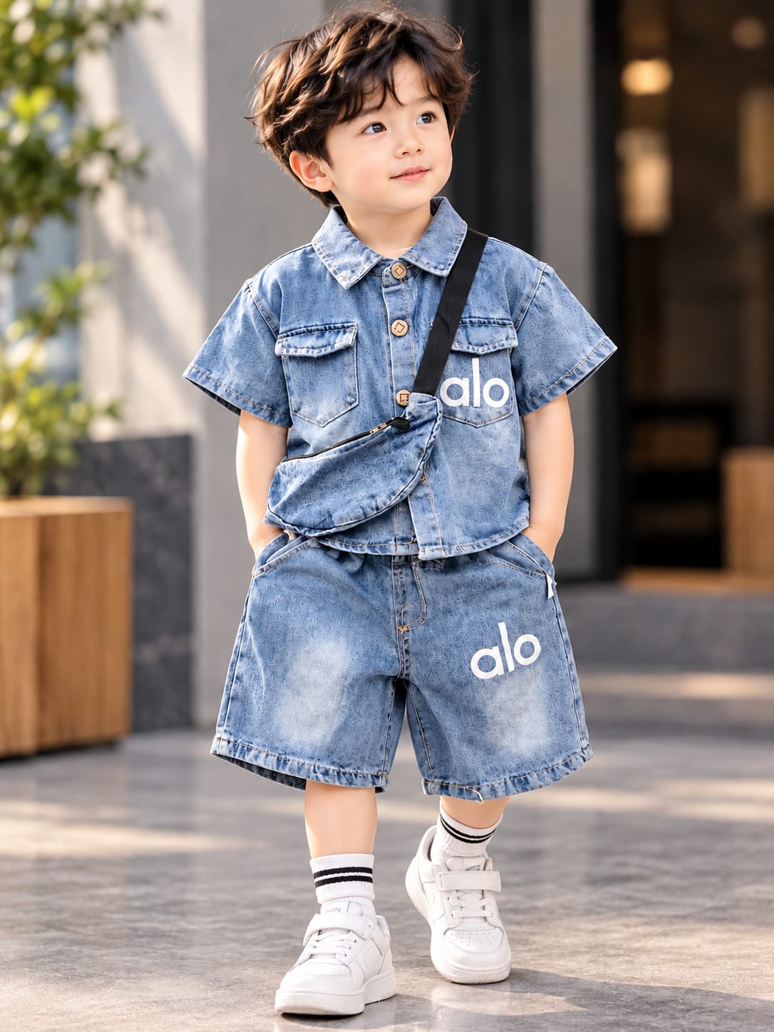 Boys Blue Denim Co-Ord Set with Matching Sling Bag | Korean Streetwear Shirt & Shorts Set | 1–6 Years