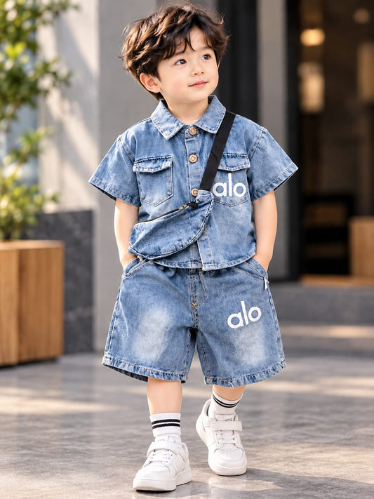 Boys Blue Denim Co-Ord Set with Matching Sling Bag | Korean Streetwear Shirt & Shorts Set | 1–6 Years