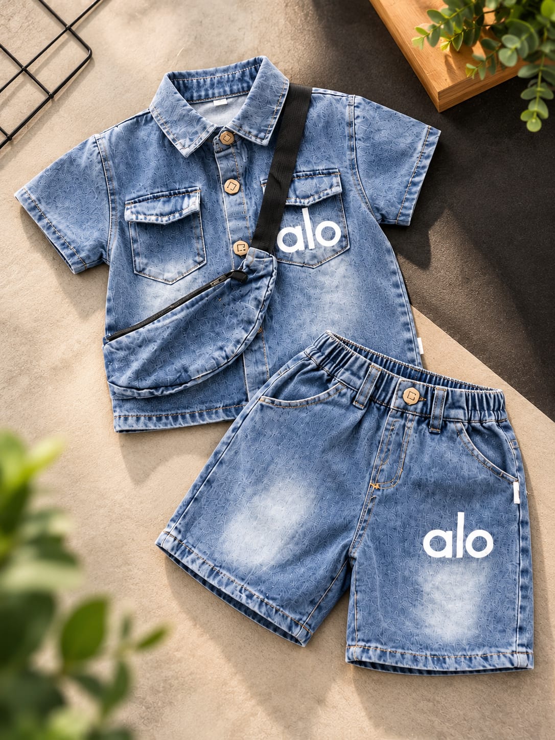 Boys Blue Denim Co-Ord Set with Matching Sling Bag | Korean Streetwear Shirt & Shorts Set | 1–6 Years