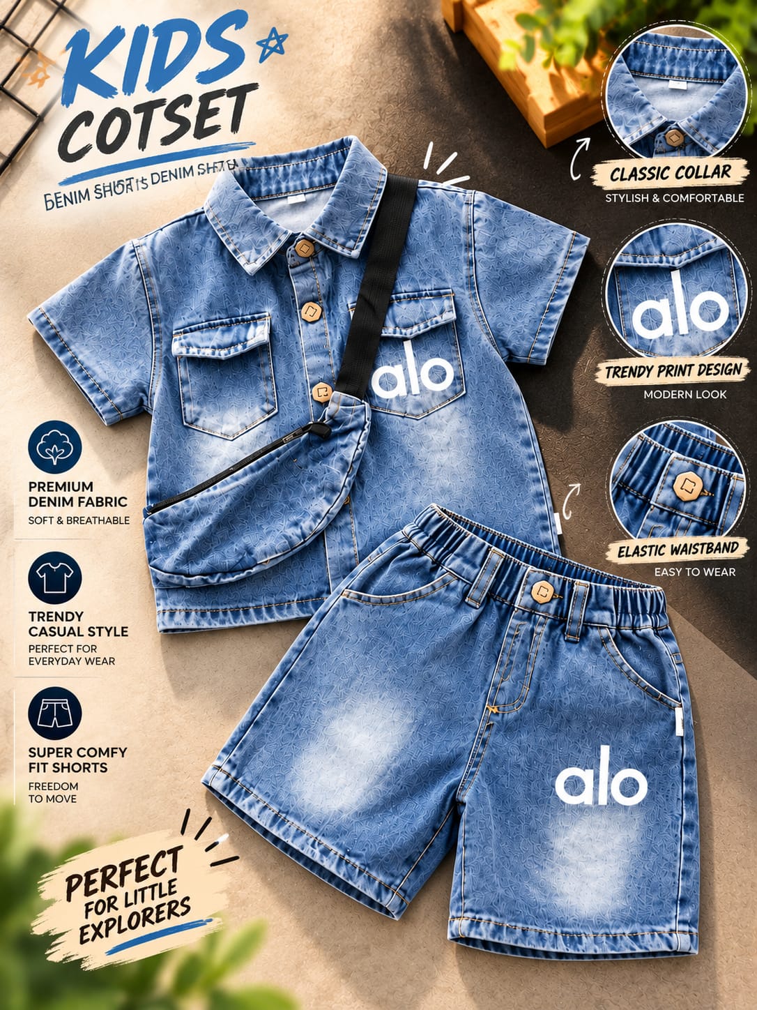 Boys Blue Denim Co-Ord Set with Matching Sling Bag | Korean Streetwear Shirt & Shorts Set | 1–6 Years