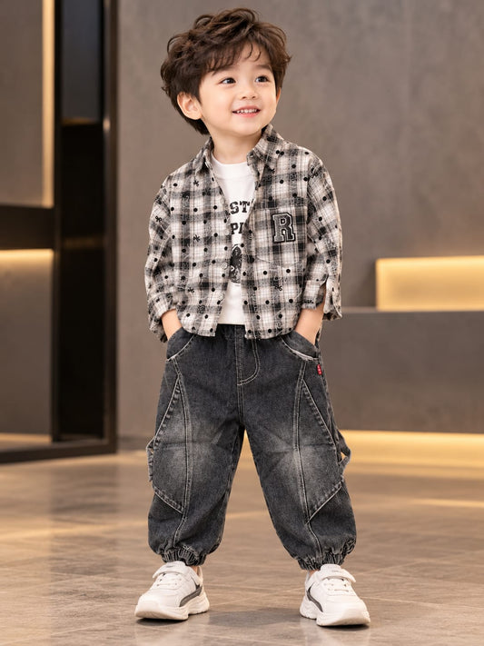 Boys Black Baggy Denim Joggers & Checkered Shirt Set | Korean Streetwear Co-Ord Outfit | 1–6 Years