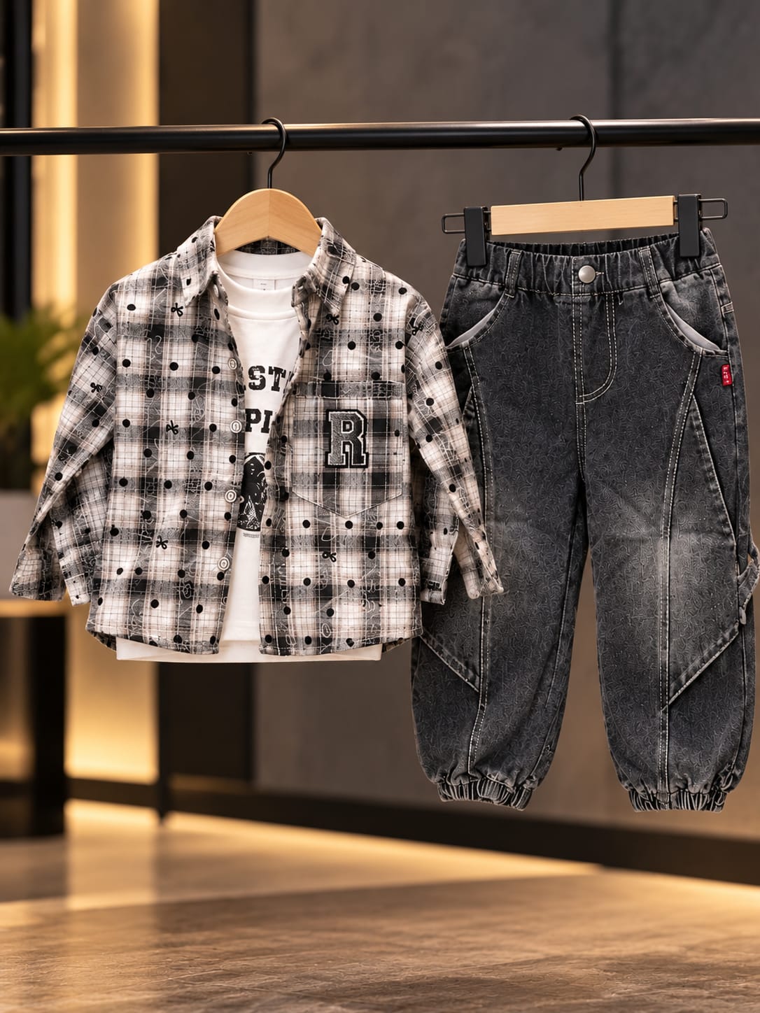 Boys Black Baggy Denim Joggers & Checkered Shirt Set | Korean Streetwear Co-Ord Outfit | 1–6 Years