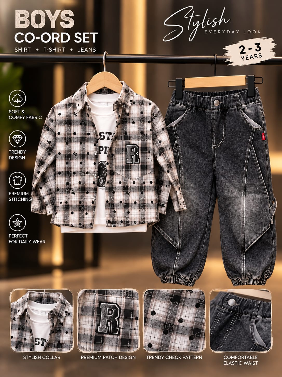 Boys Black Baggy Denim Joggers & Checkered Shirt Set | Korean Streetwear Co-Ord Outfit | 1–6 Years