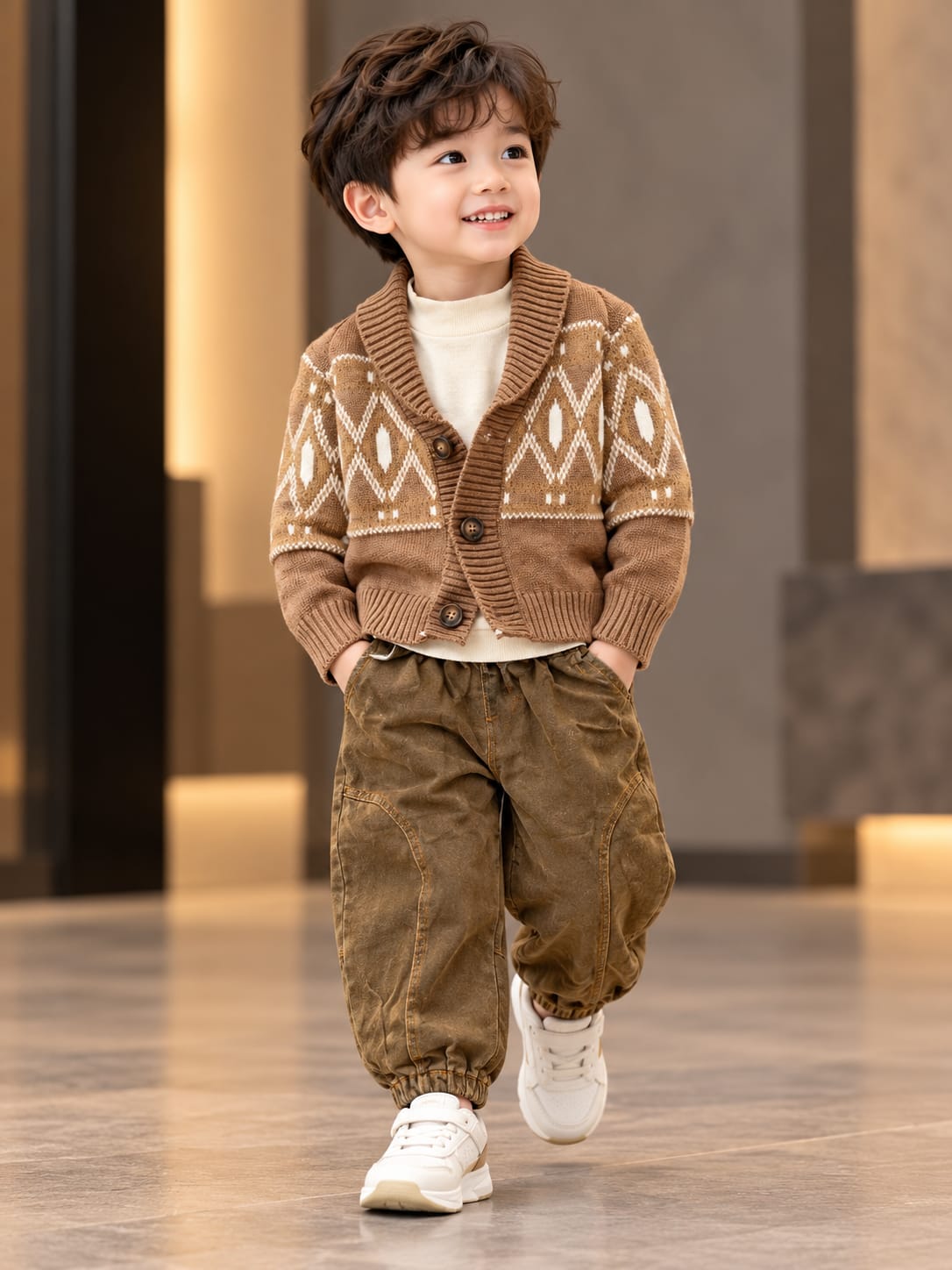 Boys Brown Baggy Jogger Pants & Geometric Knit Cardigan Set | Korean Winter Co-Ord Outfit | 1–6 Years
