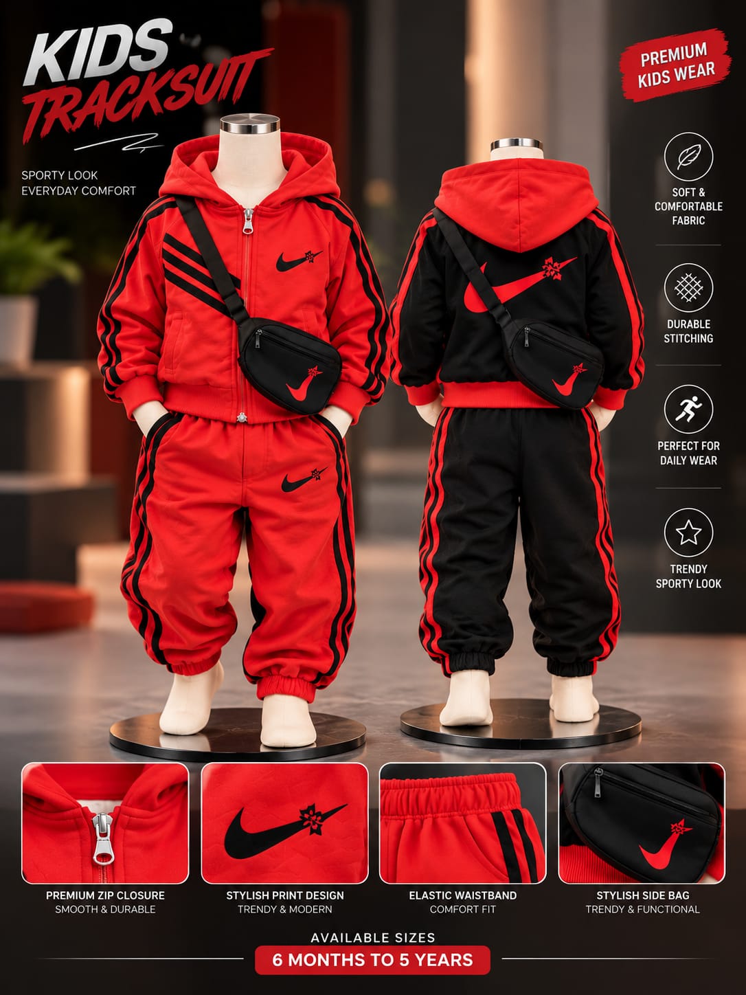 Kids Red & Black Tracksuit Set with Hoodie | Sporty 2-Piece Co-Ord Set | 1–6 Years