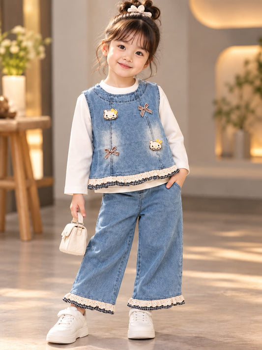 Girls Blue Denim Co-Ord Set with Bow & Cute Character Details | Korean Style Top and Wide-Leg Pants | 2–6 Years