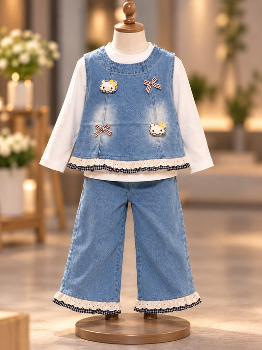 Girls Blue Denim Co-Ord Set with Bow & Cute Character Details | Korean Style Top and Wide-Leg Pants | 2–6 Years
