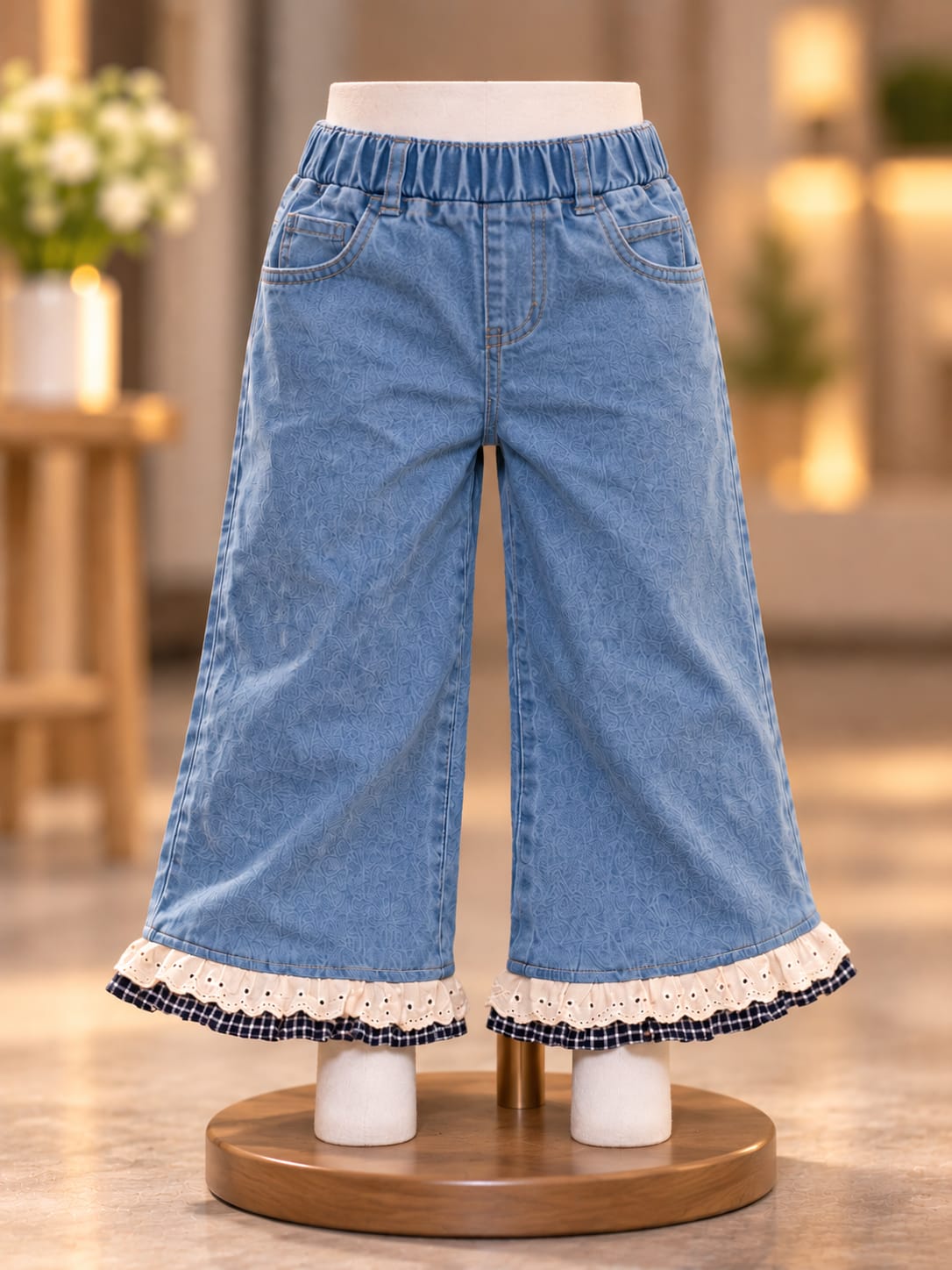 Girls Blue Denim Co-Ord Set with Bow & Cute Character Details | Korean Style Top and Wide-Leg Pants | 2–6 Years