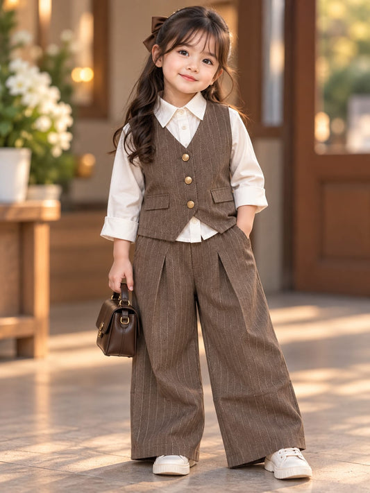 Girls Brown Formal Co-Ord Set with Waistcoat & Wide-Leg Trousers | Korean Fashion Outfit | 6 Months–5 Years